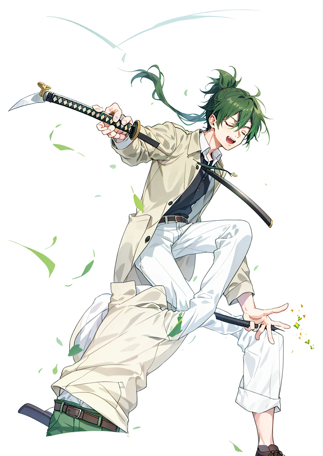 1 boy, 27 years old, full body, hair between eyes, dark green hair, Lower ponytail, collared shirt, slacks, safari jacket, closed eyes, katana, dynamic composition,