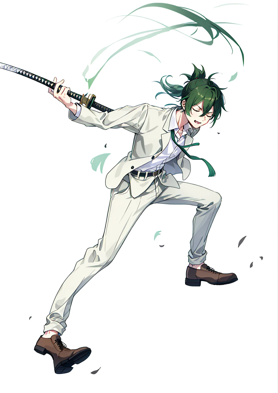 1 boy, 27 years old, full body, hair between eyes, dark green hair, Lower ponytail, collared shirt, slacks, safari jacket, closed eyes, katana, dynamic composition,