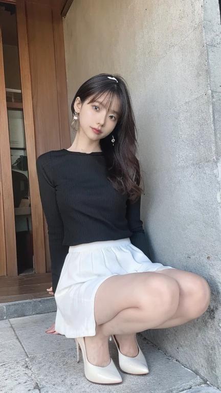 (8k, Realistic, RAW Photos, Highest quality: 1.4),Japanese idol-style beautiful girl,model,1 person,18-year-old,(Short Bob),(Black Hair),tiara,She has her hair tucked behind her ear,Transparent grey eyes,Long eyelashes,eyeliner,eyeliner,(Earrings(small)),cheek(Beige brown),(Lip gloss),lips(Plump,Shiny),透明感のあるwhiteさとキメの細かい肌,thin long neck,Thin and delicate shoulders,(Lace gloves(white)),(Wedding Bouquet),(Wedding dress(Frills,Plumpしたロングスカート :1.1)),(layer),(Fishnet tights(white)),(High heels(white)),(Background of a Gothic stone church with stained glass windows),Smiling for the camera,Full body portrait