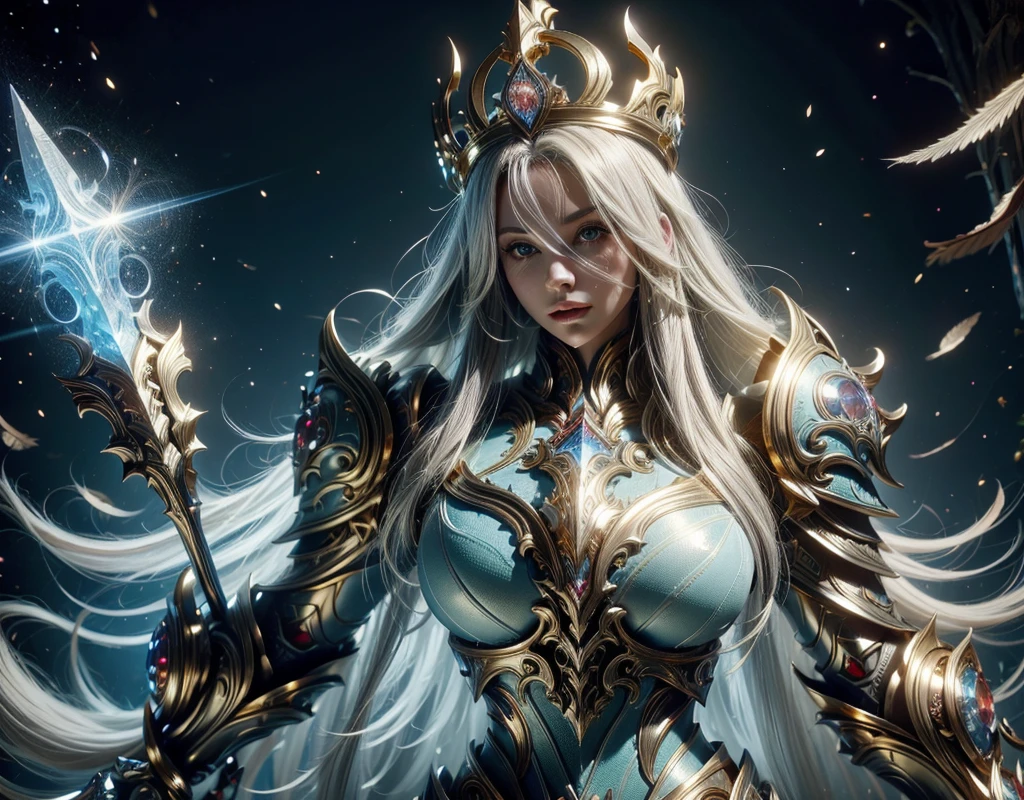  In a clear day forest, there is a woman highlighting her remains of her raspy feathers. A goddess with long white hair, ultra detailed eyes, gold crown with large magic crystal in the white shiny center, wearing a blue costume of paladin powers, futuristic. Templar armor with fine gold accents, facing me.Details:1.2) 4K ultra-HD, digital SLR, soft lighting, high quality, 