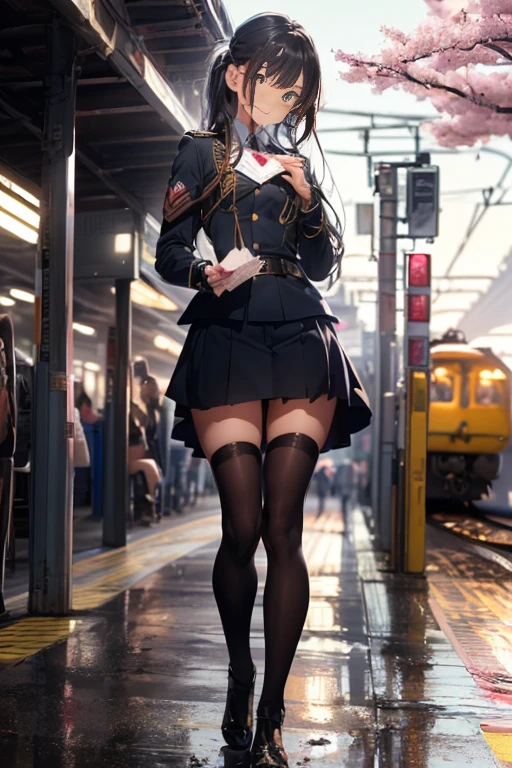 (masterpiece:1.2), (Military uniform magazine cover:1.4),best quality,PIXIV,Sweet girl , sexy posture,1girl, (perky chest:1.2), rolling upskirt by wind:1.6, (with sparkling eyes and a contagious smile),open mouth, (pointed chest:1.2),(The facial expression is good:1.1))))8K((Standing at the station))8K((Waiting for a train at the station))8K((Morning))8K((Beauty))((Student blazerschool uniform green tie, blazer, Pleated skirt))8K(((((spring,cherry blossoms,The wind is blowing,Her skirt is flipped up,8K(((((handing over a love letter))))),((correct anatomy:1.5, perfect anatomy:1.3, correct hand, small foot:1.2)),