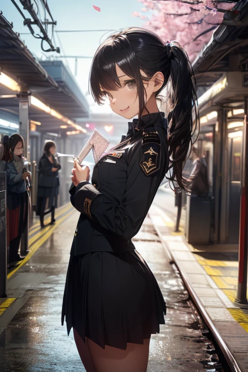(masterpiece:1.2), (Military uniform magazine cover:1.4),best quality,PIXIV,Sweet girl , sexy posture,1girl, (perky chest:1.2), rolling upskirt by wind:1.6, (with sparkling eyes and a contagious smile),open mouth, (pointed chest:1.2),(The facial expression is good:1.1))))8K((Standing at the station))8K((Waiting for a train at the station))8K((Morning))8K((Beauty))((Student blazerschool uniform green tie, blazer, Pleated skirt))8K(((((spring,cherry blossoms,The wind is blowing,Her skirt is flipped up,8K(((((handing over a love letter))))),((correct anatomy:1.5, perfect anatomy:1.3, correct hand, small foot:1.2)),
