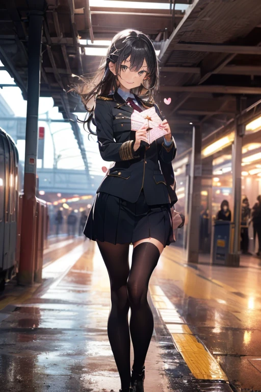 (masterpiece:1.2), (Military uniform magazine cover:1.4),best quality,PIXIV,Sweet girl , sexy posture,1girl, (perky chest:1.2), rolling upskirt by wind:1.6, (with sparkling eyes and a contagious smile),open mouth, (pointed chest:1.2),(The facial expression is good:1.1))))8K((Standing at the station))8K((Waiting for a train at the station))8K((Morning))8K((Beauty))((Student blazerschool uniform green tie, blazer, Pleated skirt))8K(((((spring,cherry blossoms,The wind is blowing,Her skirt is flipped up,8K(((((handing over a love letter))))),((correct anatomy:1.5, perfect anatomy:1.3, correct hand, small foot:1.2)),

