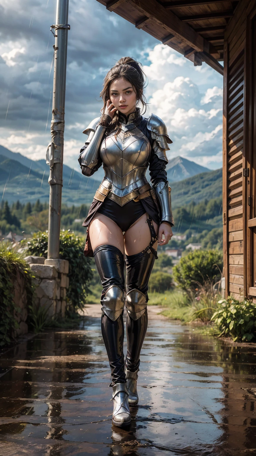 Masterpiece, best quality, 1girl, wavy hair, ponytail, wet hair, hair covering some part of her face, looks tired, A beautiful girl, fit body, tall, she is a knight in a full body armor, tight armor, body shape armor, black latex underwear, gold armor, a longsword in one of her hand, shield in her other hand, now walking back from battlefield, few skin wounds, armor scratches, ((pouring rain)), lightnings, storm, winds blowing her hair, Expansive view in the background, mountains, grey cloud, muddy footpath, no house show in the picture, only nature.