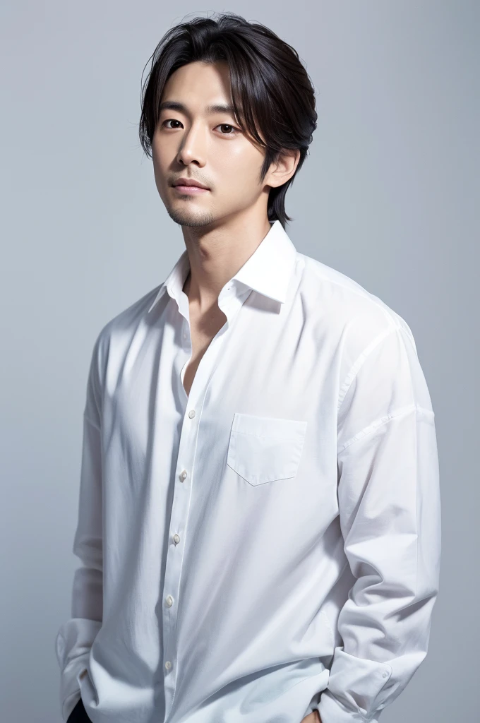 4K camera, perfect face, perfect skin, Japanese man, white shirt, 35 years old, actor, pure white background 