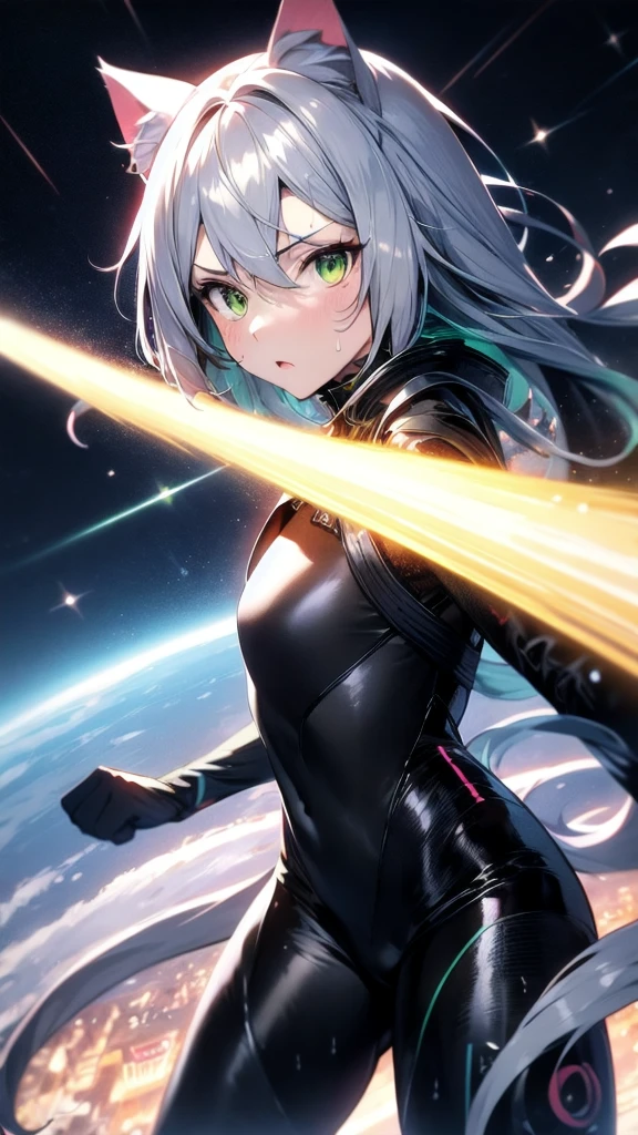 prompts A silver-haired beautiful girl with cat ears eyes are green hair is silver and long clothes: a form-fitting black combat suit The fist is an afterimage The background is a city at night her is in a cat-like fighting pose The year is 14 years monitor, Dark Night, Sweat, Steam of Exhalation, Space, Battle, Dynamic Angle　one girl