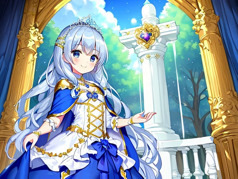 looking at viewer, upper body,(masterpiece),(best quality),(rococo style),(long train blue cape:1.15), very long cape,(long train white ball gown with flower decorations:1.1), a girl is wearing a cape over her gown, 1 little princess, tiara, smile, very long hair, small breasts