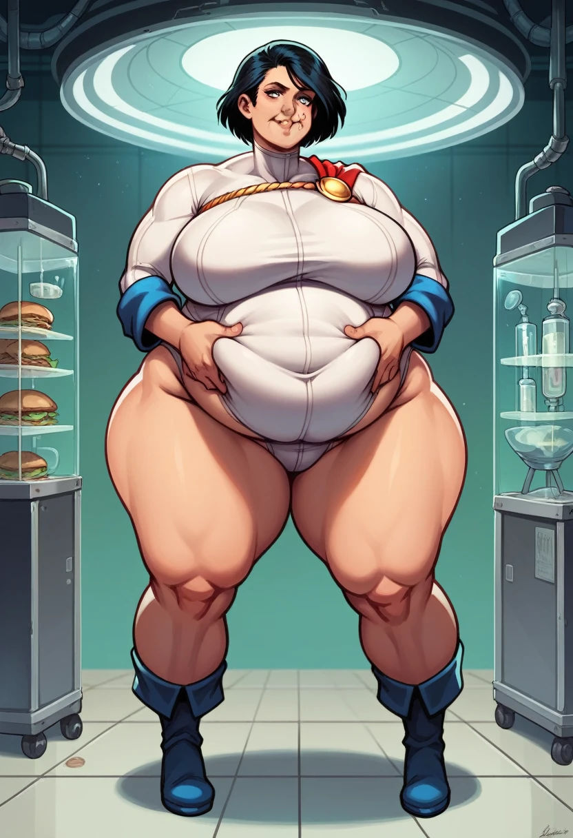 1girl, superhero, Power Girl, black layer, long black hair, black leotard, black bare legs, black boots, solo focus, hands on belly, full body shot, mature lady, laboratory, sittings, eating hamburgers, hamburguers,, girl fat, obese body, bigger belly, bigger ass, bigger breast, large thighs, wide hips, sexy, stockings, laboratory, sittings, eating hamburgers, hamburguers, (Masterpiece:1.2), best quality, high resolution, beautifully detailed, extremely detailed, perfect lighting,