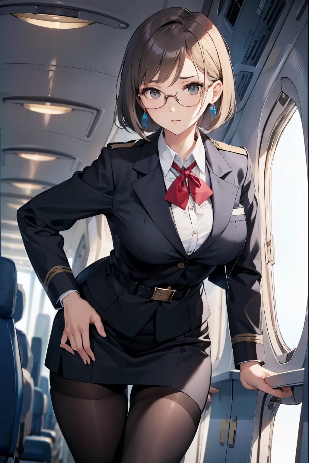 flight attendant、Stewardess Uniform、Beauty、Run、Inside the plane、Adorable expression、black tights、belt、Sexy、Large breasts、Earrings、Glasses、Jacket、Serious expression、Intellectual atmosphere