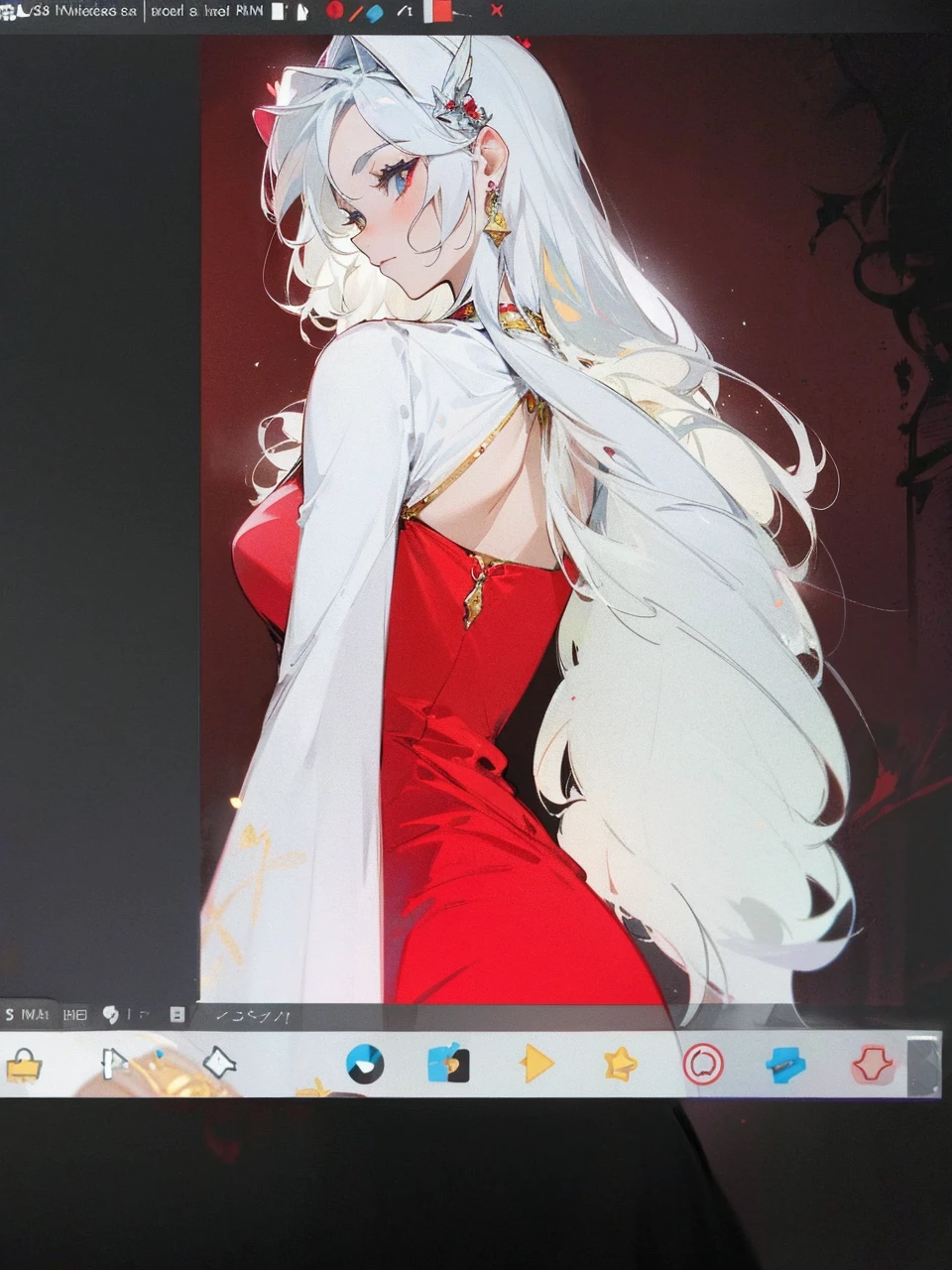 Add in roses to her dress, a good back dress design with some golden jewelry, make her dress into a red and white gown with a hat, give her some unique Jewelry, and make her look somewhat of a demonic angel like appearance to her