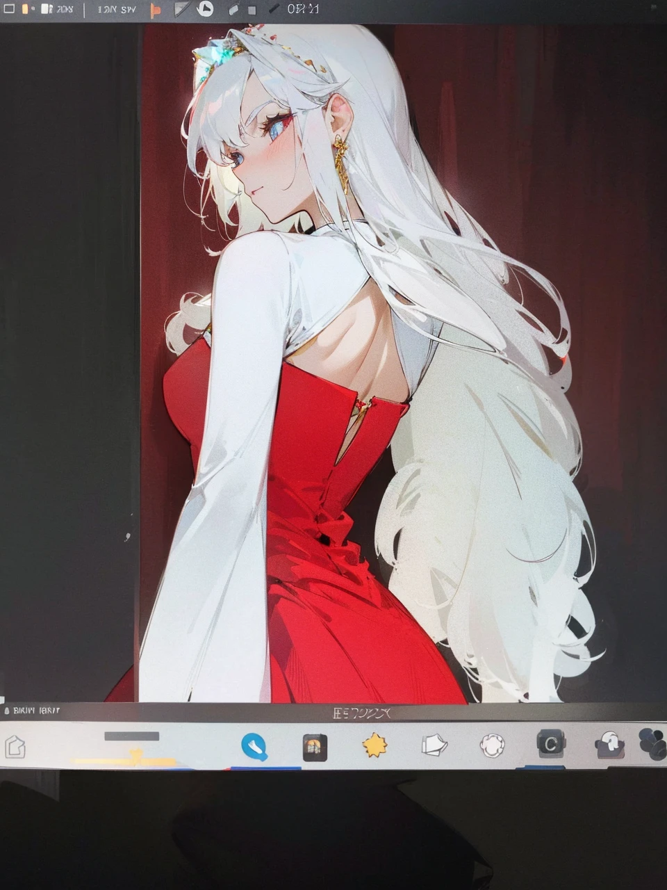 Add in roses to her dress, a good back dress design with some golden jewelry, make her dress into a red and white gown with a hat, give her some unique Jewelry, and make her look somewhat of a demonic angel like appearance to her