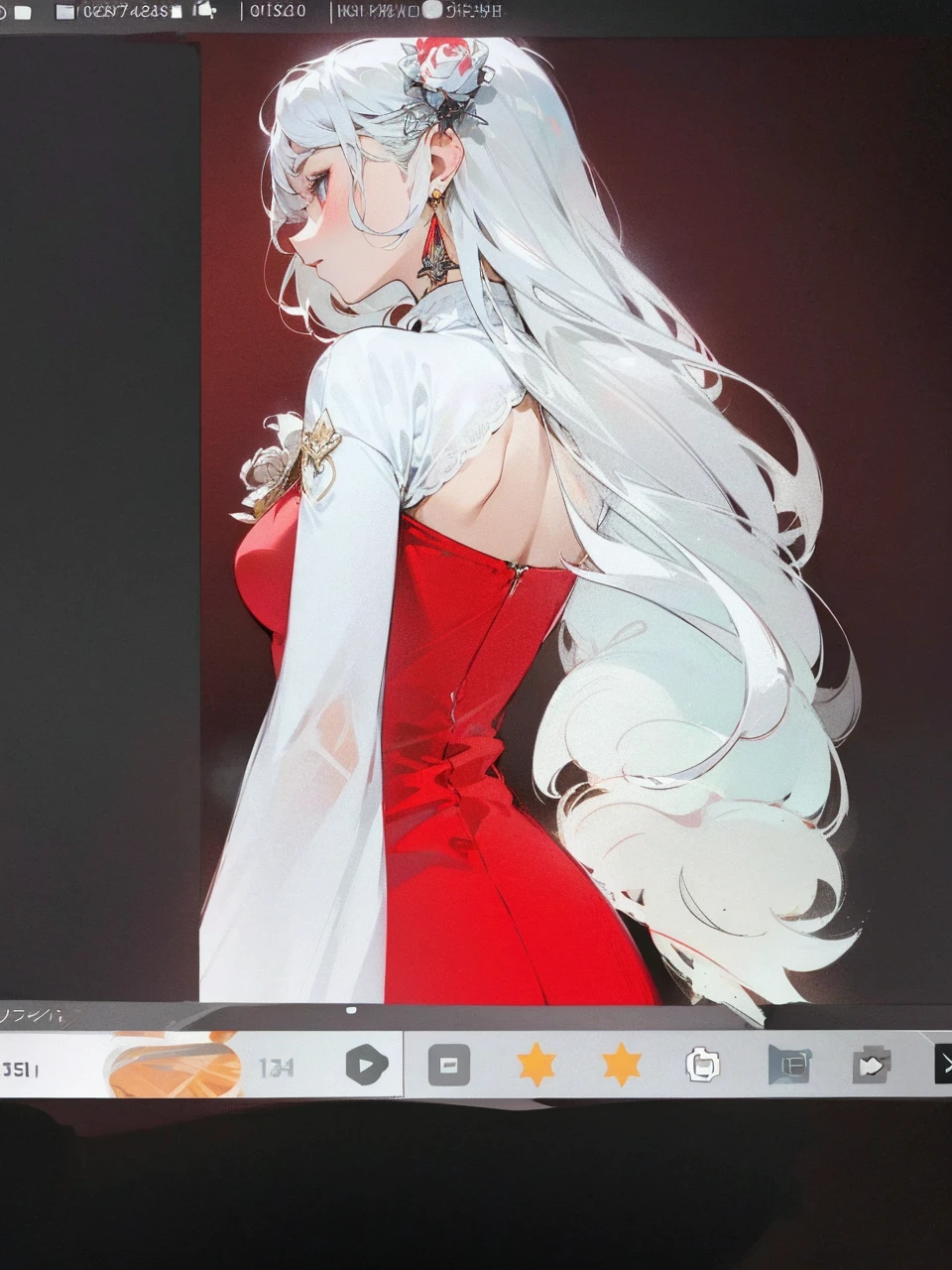 Add in roses to her dress, a good back dress design with some golden jewelry, make her dress into a red and white gown with a hat, give her some unique Jewelry, and make her look somewhat of a demonic angel like appearance to her