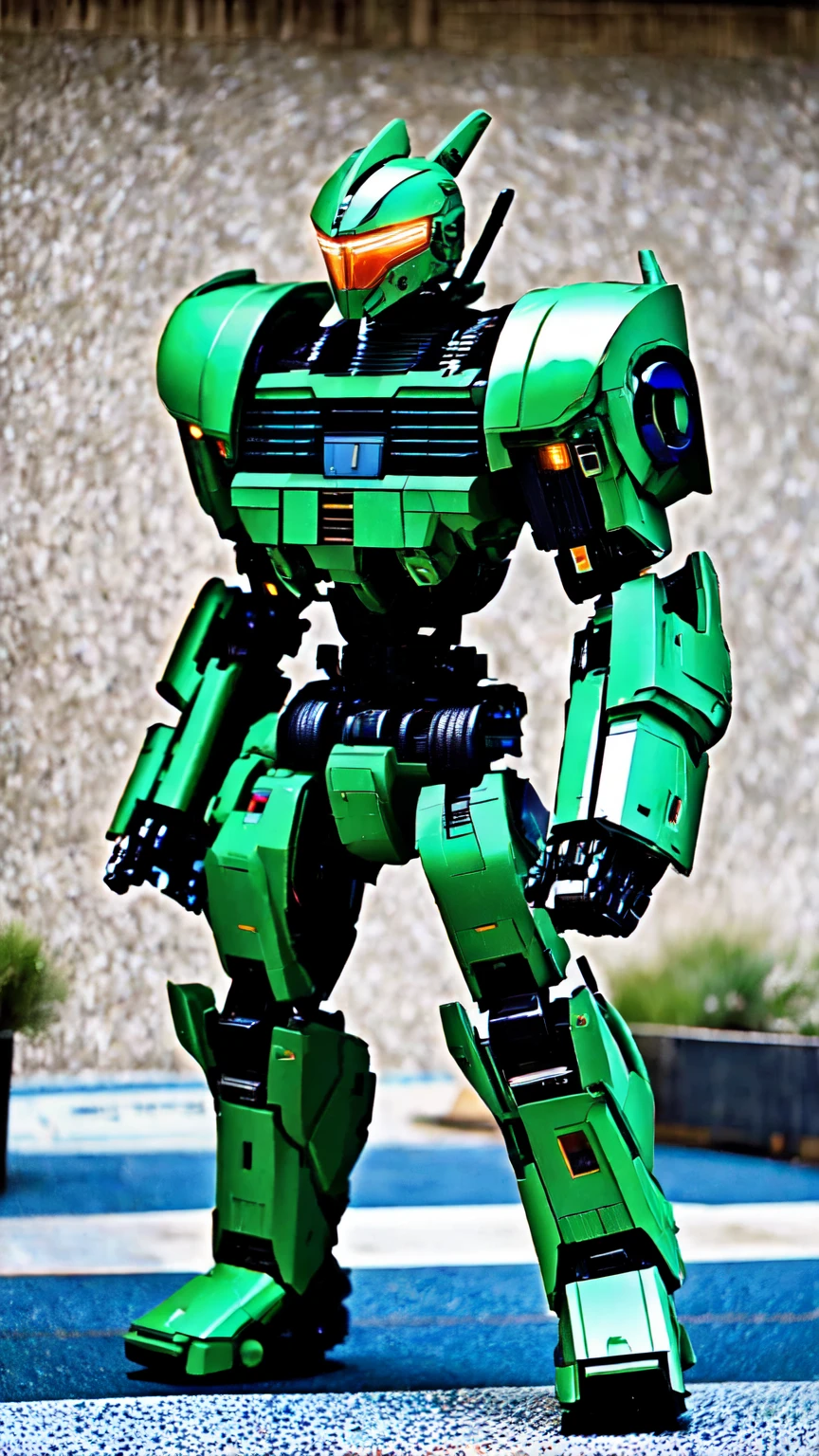 Oliv green Mecha, standing in the City Street