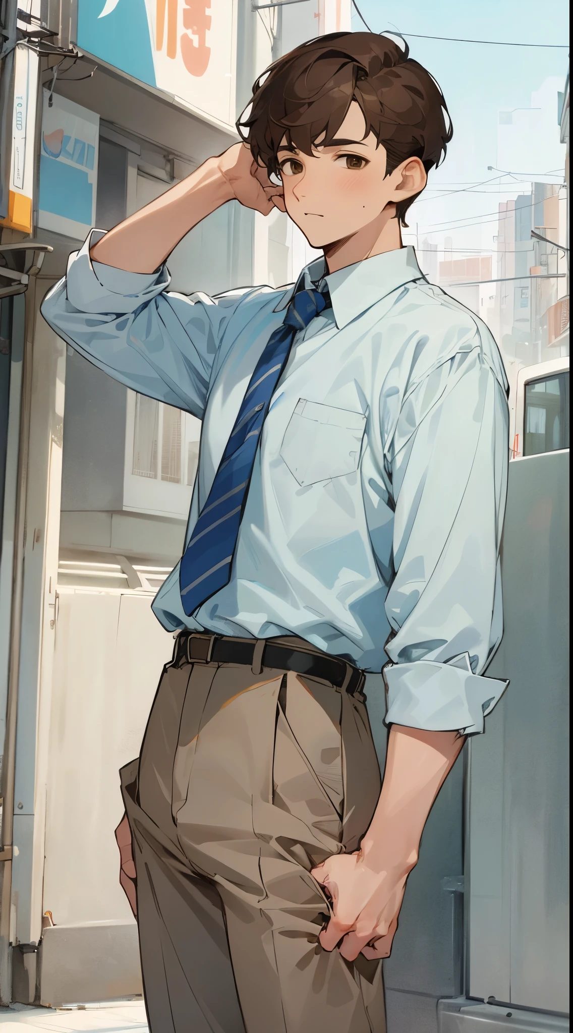(masterpiece, best quality) detailed, 1Character , blue archive art style , pastel washed out colors , cell shade , soft, muted shades ,gentle colors , Fashion ad , wearing a collared shirt and khakis, urban environment, big city ,cute man , dark brown hair , very short hair, ((crew cut hair style:1)) , brown eyes , brown skin, slender, masculine, age 17