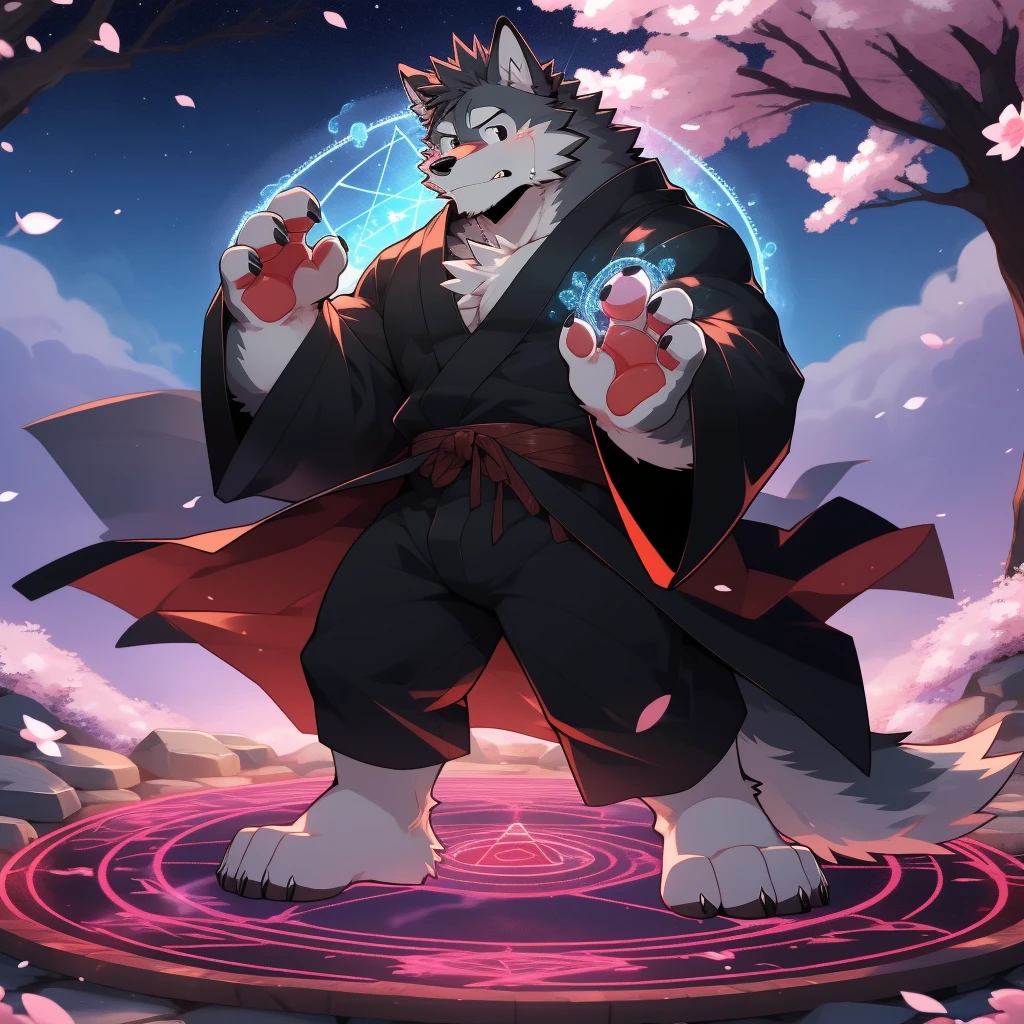 Scribble Wolf face,Cute face,Humanity(Wolf),(Black robe:1.3),Muscular,(Black eyebrows:1.1),(Perfect black eyes),（artist:Takemoto Arashi）,(Bulging buttocks),(black sexy underwear)，Cherry blossoms，Night Sky，Wolf尾巴，Furry Paws，(Magic Circle:1.2)，cry。