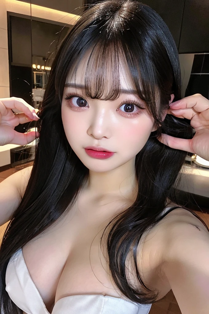 8k,(NSFW、Completely naked、stick out your tongue with cross-eyed eyes)、(Glamorous Body、Big Tits、busty breasts:1.8)、Long black hair、Super beautiful woman、double eyelids、Tear bags、Big, round eyes、Long eyelashes)、highest quality