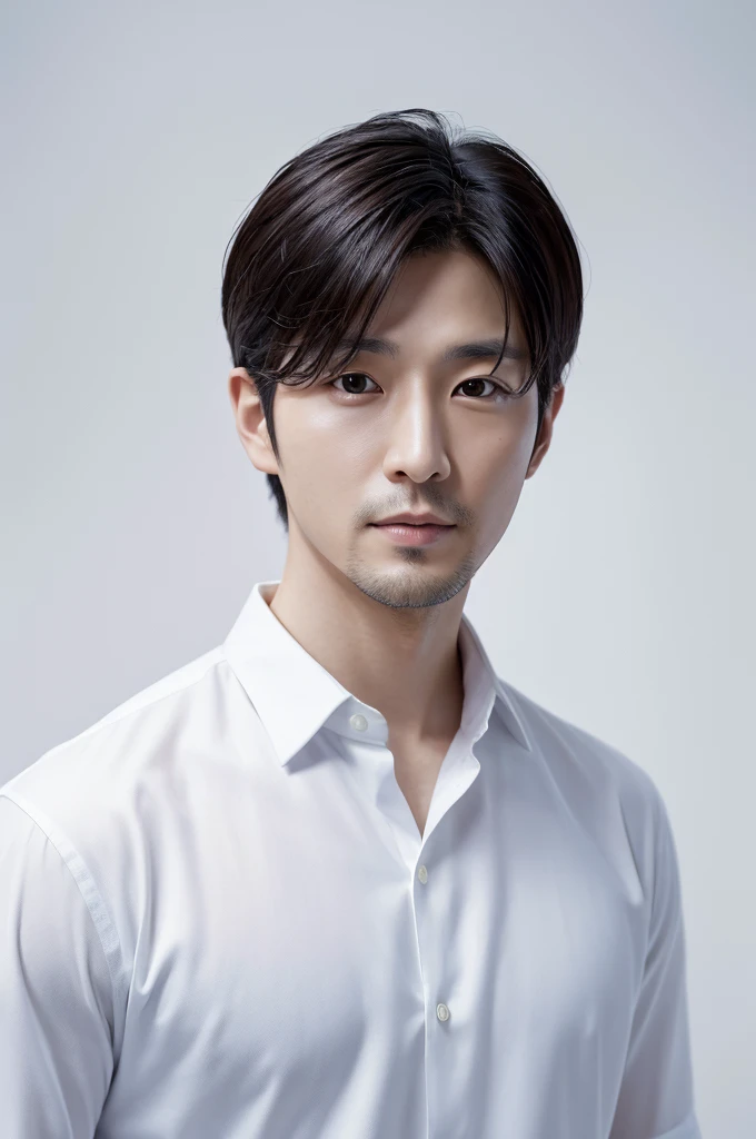 4K camera, perfect face, perfect skin, Japanese man, white shirt, 35 years old, actor, pure white background, no beard