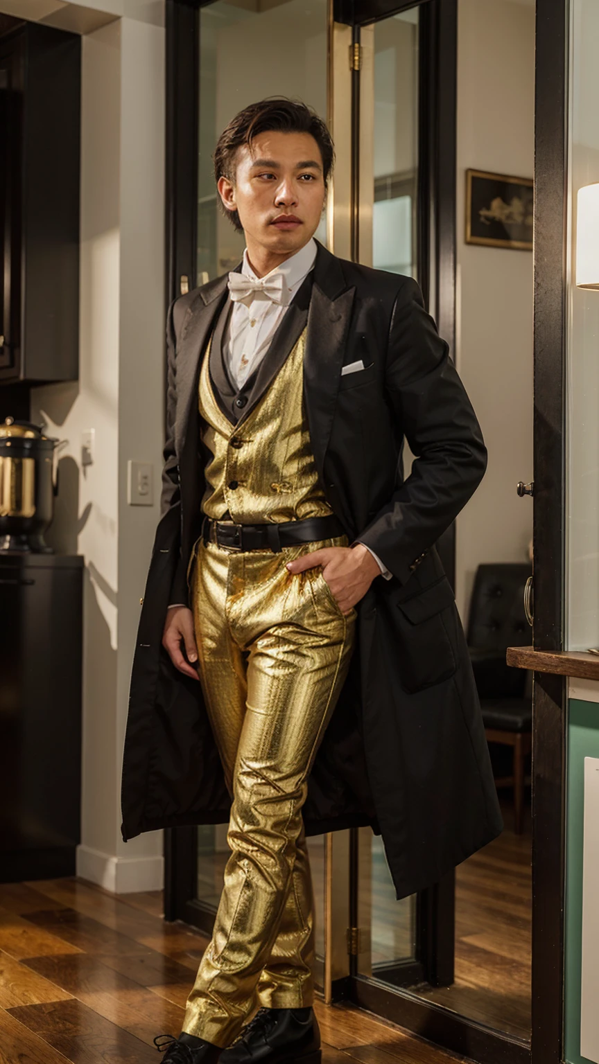 Indochine asian man wearing tuxedo coat stripes pattern dark green and golden color and little golden stripes line, pattern golden stripes, golden lines, golden column lines, tuxedo style vintage fashion evening long tail coat and oval shape tail coat suit, wearing cummerbund belt accessorie for suit, light skin, chubby anatomy body muscular, golden hour light, stand next to sunflowers vase made by glass, minimalist, minimalism, surrealism, rim light, light flare around body, style from Levi's brand style fashion, minimal, shaped oval tails, chubby body, cummerbund belt, chubby anatomy, shrimp tails coat, collar lapel black, long tail coat, shrimp tail coat, formal dresses, chubby body, high and long tube shoes boots cowboy, green color suit, little golden more thin stripes sew lines pattern, More many much stripes straight lines golden color patterns, thick golden line around neck