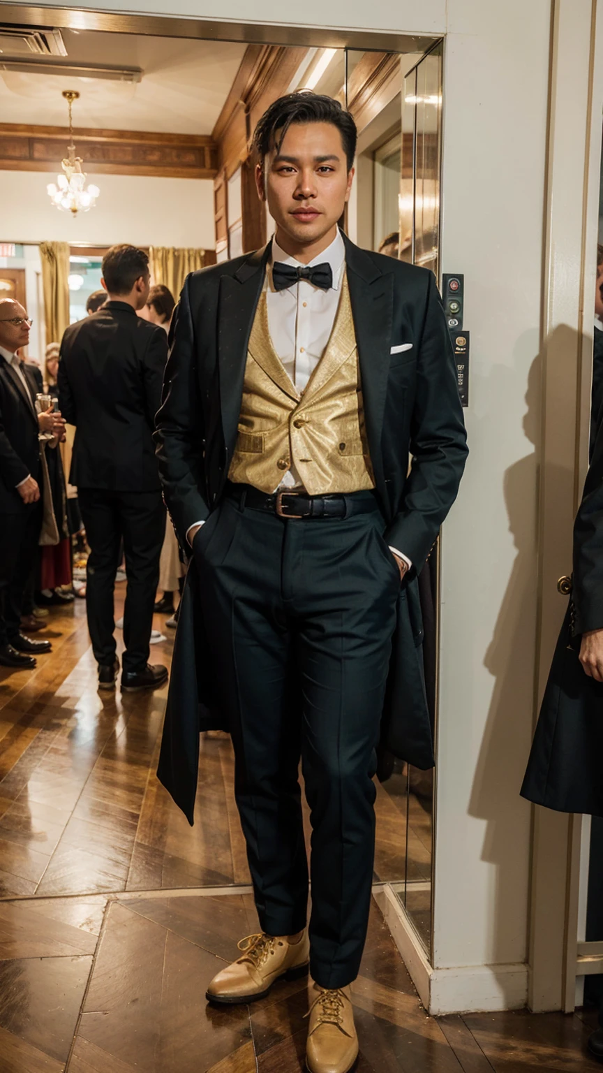 Indochine asian man wearing tuxedo coat stripes pattern dark green and golden color and little golden stripes line, pattern golden stripes, golden lines, golden column lines, tuxedo style vintage fashion evening long tail coat and oval shape tail coat suit, wearing cummerbund belt accessorie for suit, light skin, chubby anatomy body muscular, golden hour light, stand next to sunflowers vase made by glass, minimalist, minimalism, surrealism, rim light, light flare around body, style from Levi's brand style fashion, minimal, shaped oval tails, chubby body, cummerbund belt, chubby anatomy, shrimp tails coat, collar lapel black, long tail coat, shrimp tail coat, formal dresses, chubby body, high and long tube shoes boots cowboy, green color suit, little golden more thin stripes sew lines pattern, More many much stripes straight lines golden color patterns, thick golden line around neck