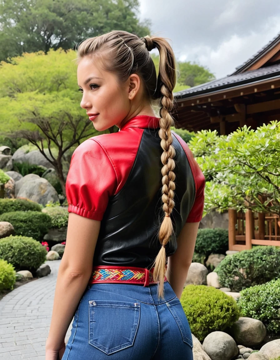 1girl, 22 years old, caucasian, by rubio, with a great (braided ponytail that falls over her shoulder:1.8), in a highly decorated Japanese garden, (colorful flowers:1.5), He wears a black and red leather jumpsuit that is very tight to the body., large V-shaped neckline, short sleeve, micro short, ((Profile:2) with head turned towards the camera:1.9), (cowboy shot:2), looking at camera, big , big ass, from below, 8k