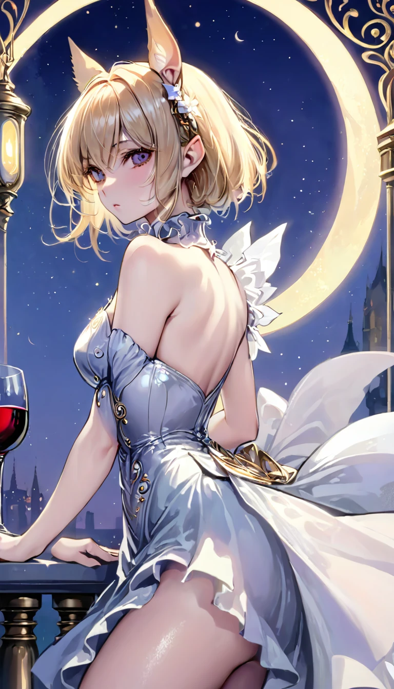 blonde hair, short hair, jewelry, bead necklace, mismatched pupils, longeyelashes, (pointy ears), drunk, by Alfons Mucha, reflection light, masterpiece, accurate, textured skin, high details, best quality, super detail, highres, (elf), evening dress, party venue, (grab a wine glass), Crescent Moon Night, Standing alone on the terrace