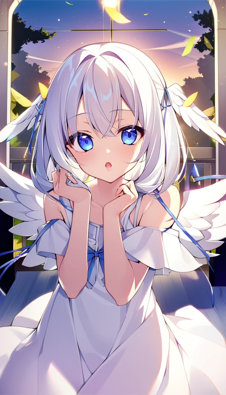 one girl, angel, angel wing, angel ring, sacred, cute, naive, pure white angel, 18 years old
