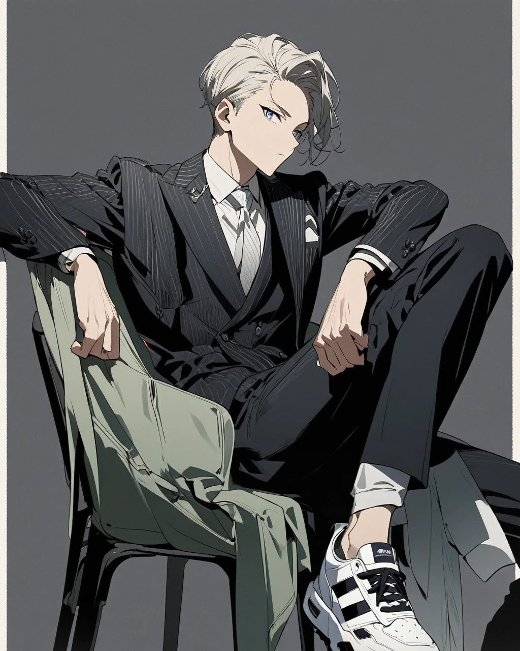 One person, Tall, tan, male, lean and fit, blonde gold curly hair, deep brown eyes, wearing black velvet long sleeve turtleneck, white collard jacket, white pants, white high tops, handsome as hell, wearing sunglasses.