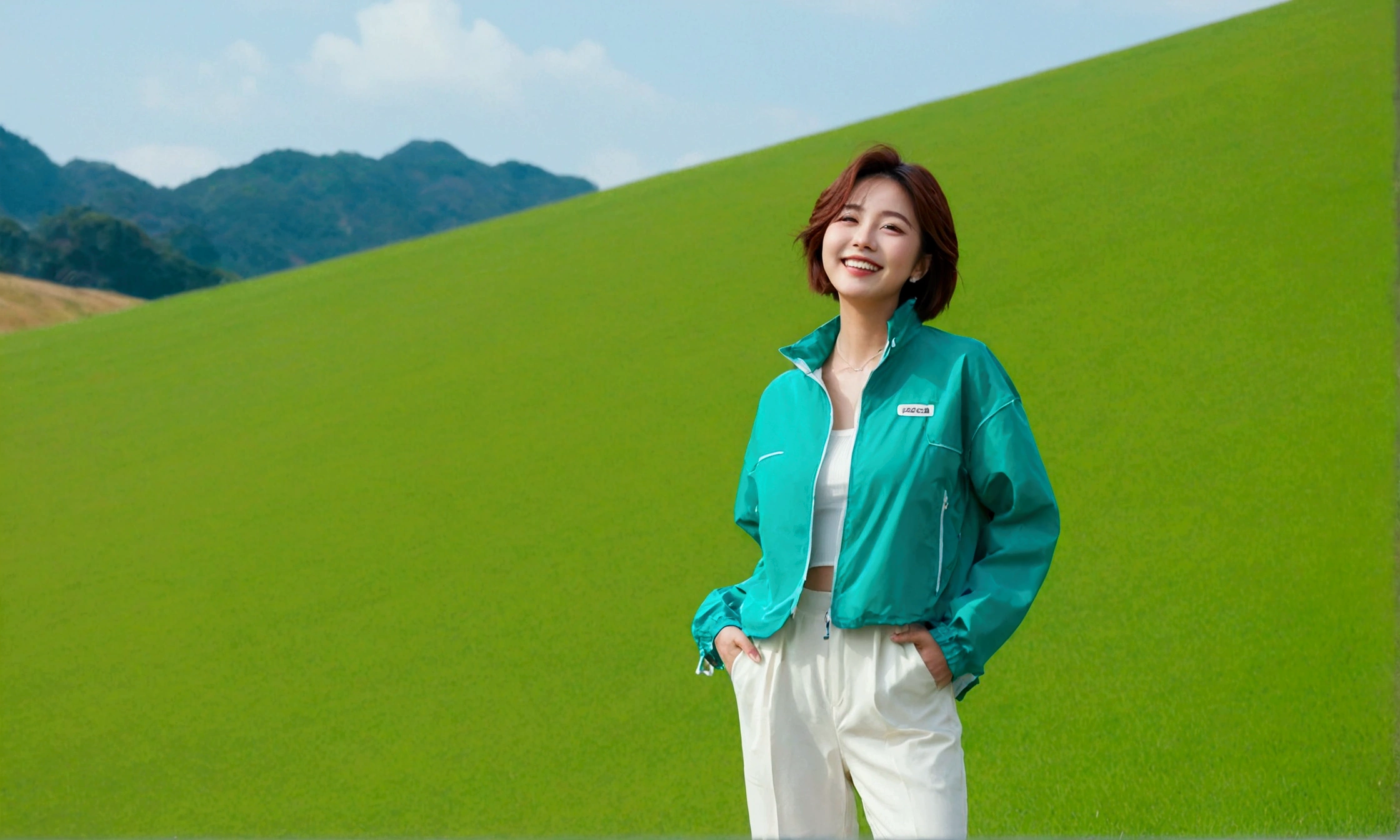 high quality, 1 woman, ((36 years old 건강한 한국 여성)), ((36 years old)), 1 woman, short, The eyes are big and beautiful. ((slim)), ((short medium hair)), laugh. pose: standing, Luxury brand windbreaker jacket, casual pants, background: 1 woman, California, pasture, Cow, grass, Upper body shot with 35-70 lens, look up to the side