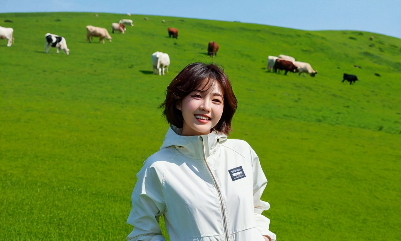 high quality, 1 woman, ((36 years old 건강한 한국 여성)), ((36 years old)), 1 woman, The eyes are big and beautiful. ((slim)), ((short medium hair)), laugh. pose: standing, High-end luxury brand windbreaker jacket, white casual pants, background: 1 woman, California, pasture, cattle, grass. Full body shot with 16-35 wide angle lens, look up to the side, blue sky, So that you can see the whole body, cattle가 풀을 뜯는다