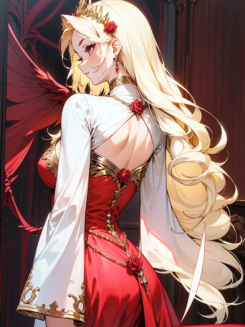 Add in roses to her dress, a good back dress design with some golden jewelry, make her dress into a red and white gown with a hat, give her some unique Jewelry, and make her look somewhat of a demonic angel like appearance to her