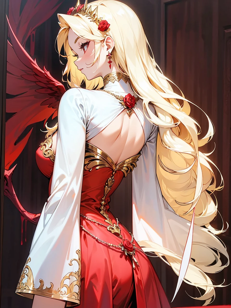 Add in roses to her dress, a good back dress design with some golden jewelry, make her dress into a red and white gown with a hat, give her some unique Jewelry, and make her look somewhat of a demonic angel like appearance to her