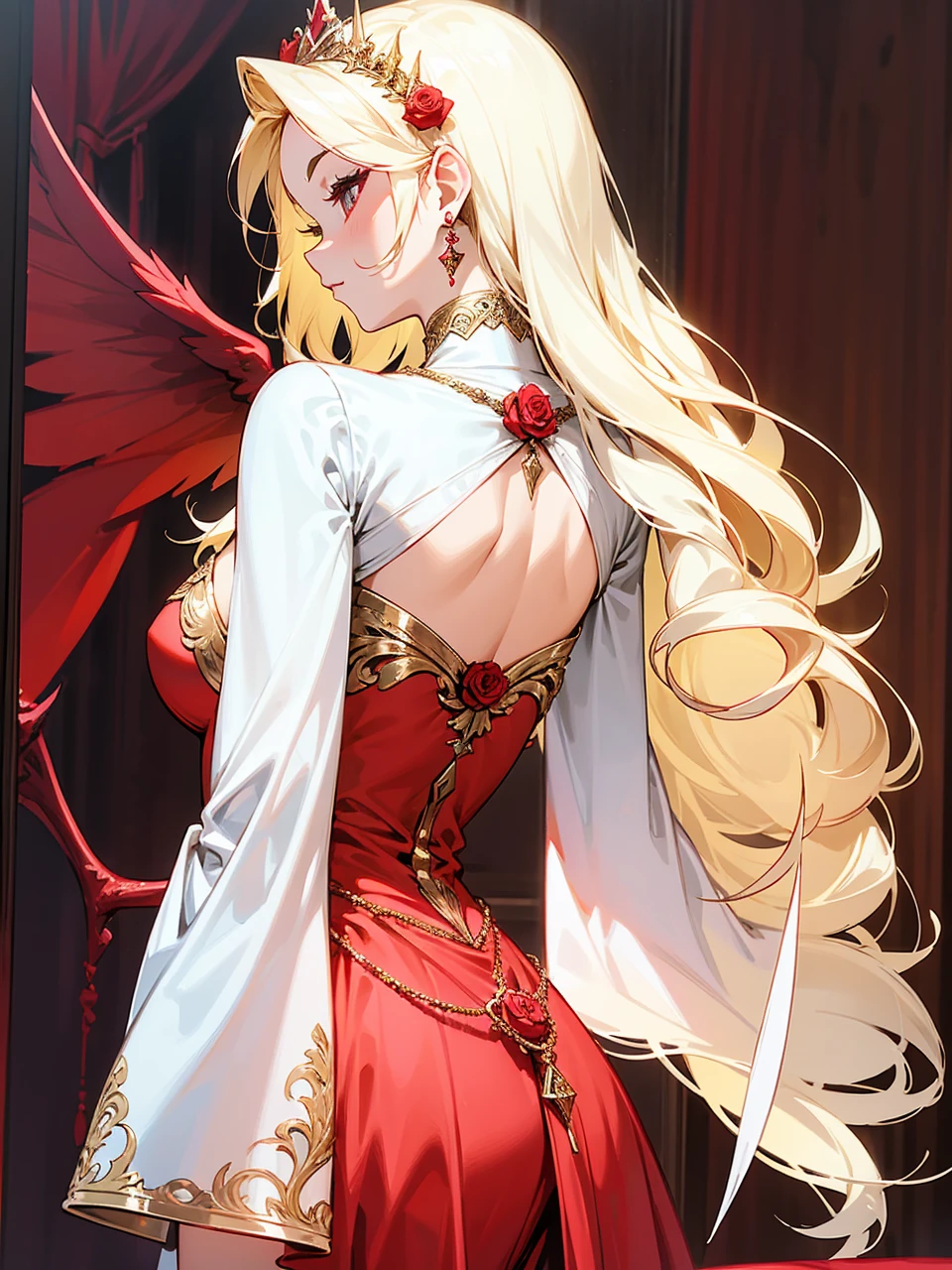 Add in roses to her dress, a good back dress design with some golden jewelry, make her dress into a red and white gown with a hat, give her some unique Jewelry, and make her look somewhat of a demonic angel like appearance to her