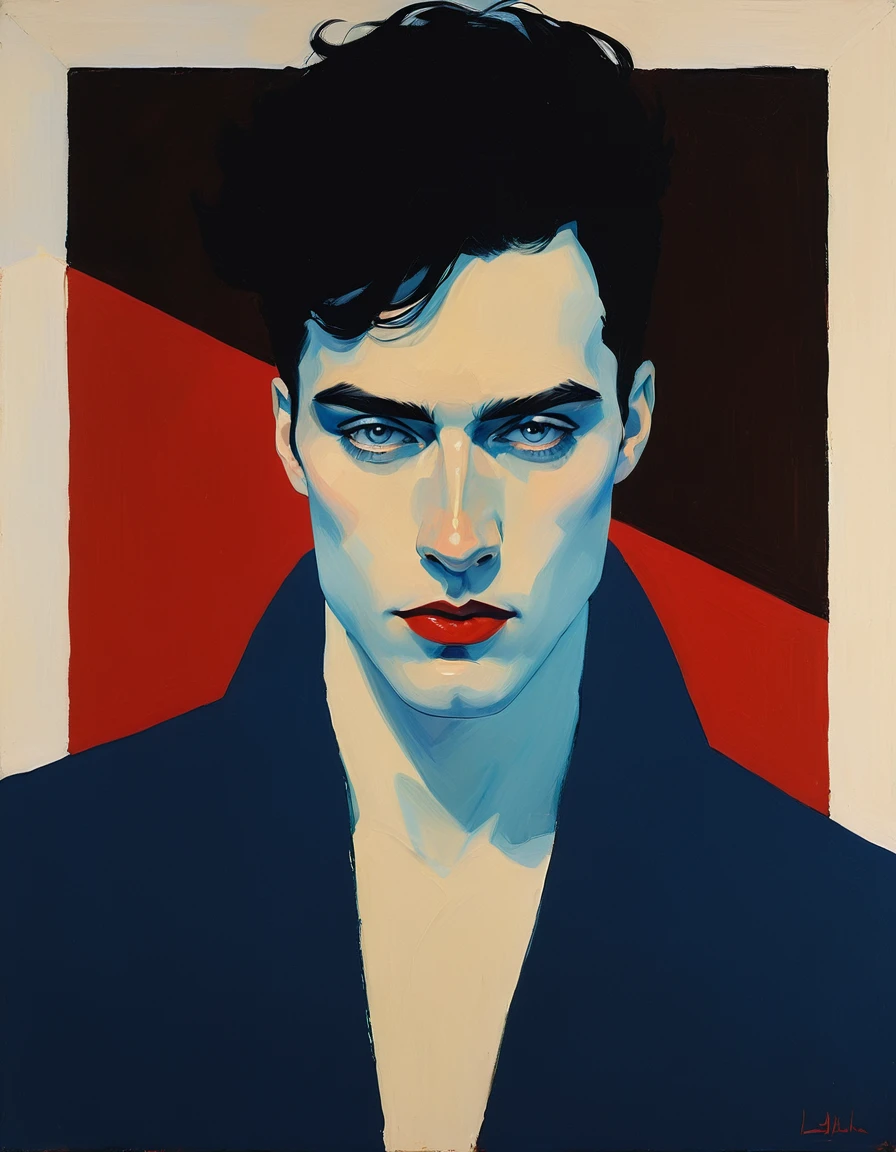 chiaroscuro technique on sensual illustration of an arafed supermodel sexy masculine, diego fazio, male model, by Ludovit Fulla, model with attractive body, inspired by Ludovit Fulla, mid-shot of a hunky, the model draped in flowing, thick oil painting by Harumi Hironaka, extremely soft colors, vibrant, highly detailed, malcolm liepke painting, oil on canvas, high contrast, dramatic, refined, tonal, Create high contrast between light and shadow fire around, there is a red circle on a blue and red square, inspired by Bauhaus, in a shapes background, brown red blue, circle forms, red blue, by Leon Polk Smith, memphis abstract minimal art, graphic shapes, minimal art, blue and red, minimal art style, bauhaus art, inspired by El Lissitzky, bold simple shapes