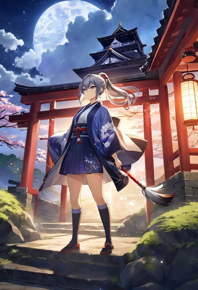 One girl, kimono, ponytail ,Gray Hair, Grey Eyes, wallpaper, Japanese Castle, landscape, Depth of written boundary, night,Shinsengumi, Haori, team uniform, Particles of light, Perfect hands, Side Lighting, destiny \(series\), Genshin Impact, Usakura Oni, Open jacket, skirt, Knee socks, cloud,