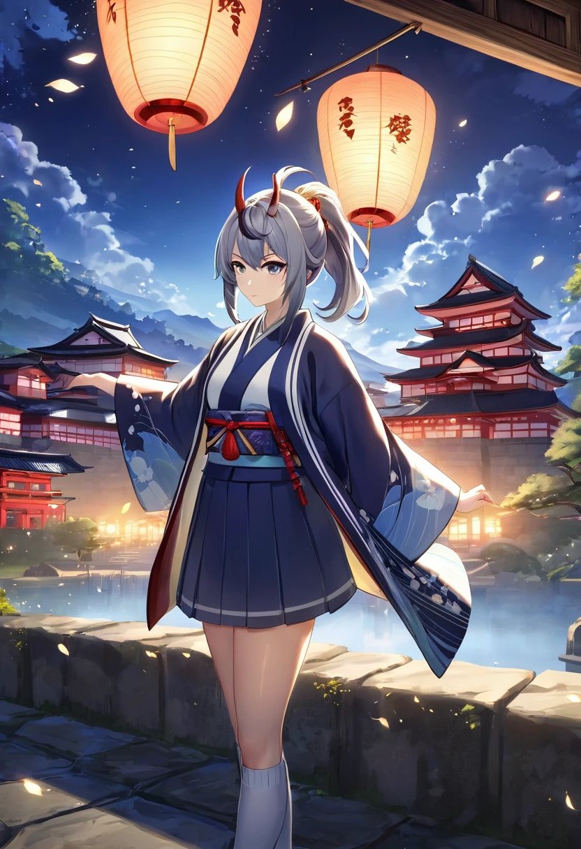 One girl, kimono, ponytail ,Gray Hair, Grey Eyes, wallpaper, Japanese Castle, landscape, Depth of written boundary, night,Shinsengumi, Haori, team uniform, Particles of light, Perfect hands, Side Lighting, destiny \(series\), Genshin Impact, Usakura Oni, Open jacket, skirt, Knee socks, cloud,
