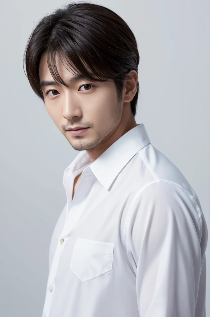 4K camera, perfect face, perfect skin, Japanese man, white shirt, 30 years old, actor, pure white background, no beard