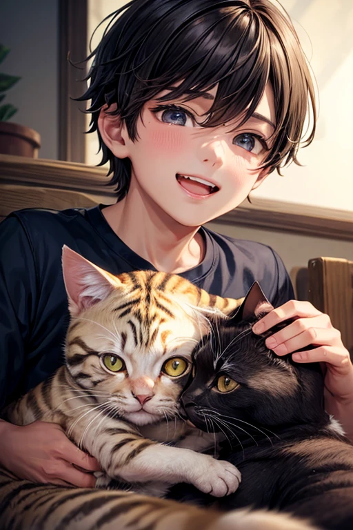 Lots of cats,Three cats,Man surrounded by cats,smile,Refreshing Men,Gentle expression,猫もsmile,