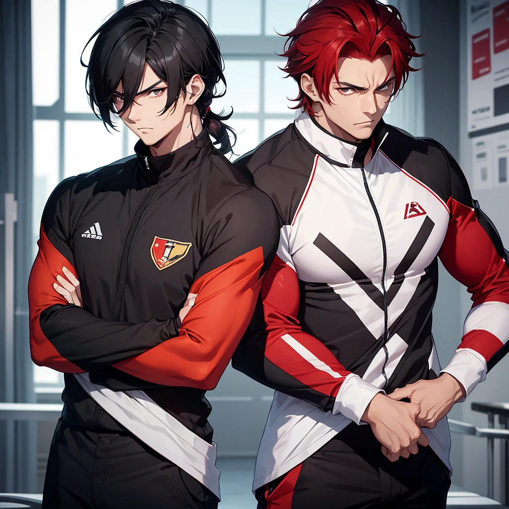 Two handsome guy glaring at eachother one with black hair and uniform and other with red hair in sport suit as they are rivals hense there's a tension between them . Everyone looking at them