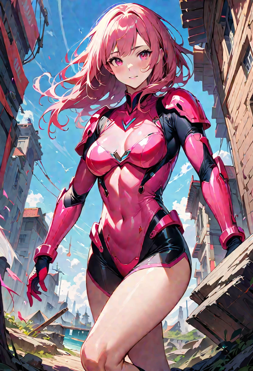 One young and beautiful woman,(Highest quality,Extremely detailed depiction,Incredibly absurd high resolution,Anatomically accurate depiction,Perfect body),(Pink imitation of the Sentai heroine),(Sentai heroine&#39;s white and pink bodysuit,White tights),eyelash,Heavy makeup,blush,(Intensely glowing purple eyes,Crazy Eyes,A seductive smile,Glossy Lips),Sweat,whole body,(Seducing pose on bed),background:Inside the base,(From above:1.2)