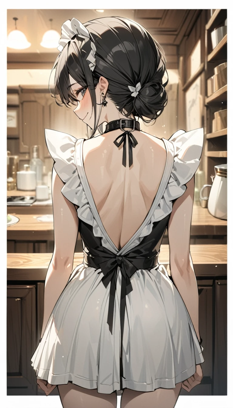 Masterpiece, Perfect hair, Black hair, Backless V-line, maid costum, girl, collar, white skin, Earring, Smile, view from front body, border line, view from back body, all body shot,