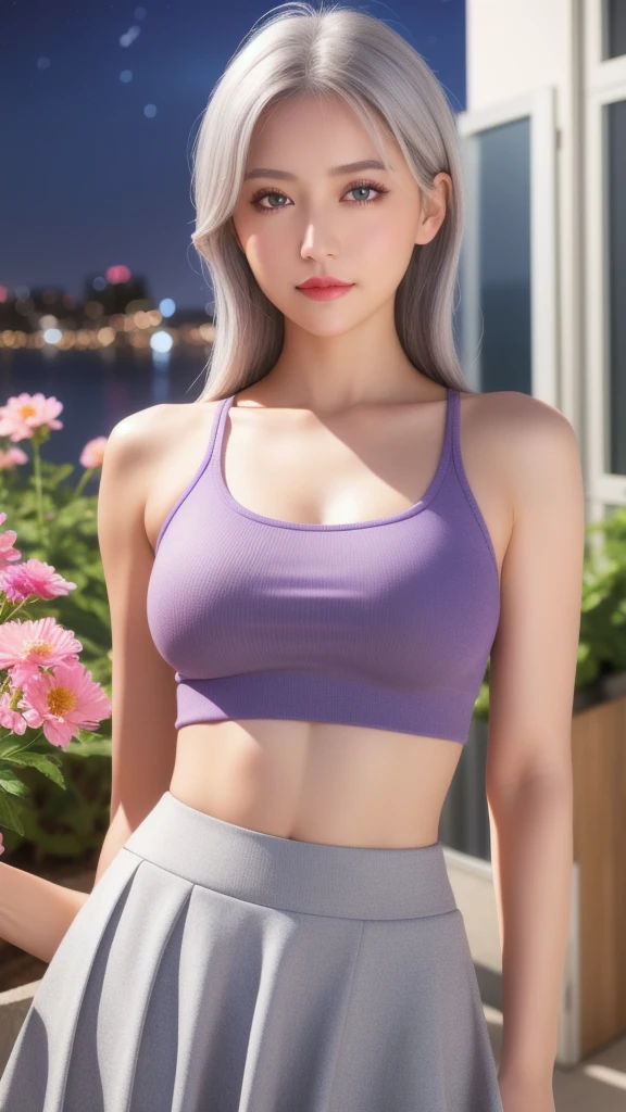 Realistic, One girl, Gray Hair, Purple eyes, Glowing Eyes, Crop top, skirt, Lips parted, blush, night, Flowers, sun, sunlight,