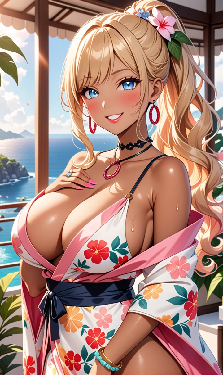 ultra-detailed, ((one girl)), ((tan skin:1.3)), in pastel colors gyaru, (heavy makeup),  hyper detailed, absurdres, 8k, Beautiful Face, ((cheerful Smile:1.3)), ((teasing smile:1.2)), ((sweat)), ((Wink:1.5)), (Laugh with your mouth wide open),((Tilt your face:1.6)), (professional lighting), View your viewers, ((Bright red cheeks:1.6)),Glossy Red Lips, ((huge breasts:1.3)), ((undressing:1.2)),((Touching the chest)), pink nipple, noon, summer, Luxury hotel with sea view, Foliage plant, ((Anime style background)),masterpiece, Highest quality, so beautiful,Latest, Complex details, ((Long neon pink nails)), (nail art), (ring),(bracelet), (Floral Choker),AI-generated, Complex,High resolution, Highest quality, super high quality,3D Images、3D Images,One person,Blonde long hair,(High Ponytail), (wavy hair:1.3), Blonde anime woman posing for a photo, ((Fine grain、blue eyes、glowing eyes:1.3)), (Squint your eyes:1.1),a hyperRealistic , hyperRealistic , Realistic,Anime woman with long pastel yellow hair, Smooth anime CG art, A girl in a gorgeous pastel-colored kimono,  ((Pastel-colored furisode)),(Pink large floral pattern), (side boob), Long flower hair ornament,big hoop earrings, Mature Body, tall,Narrow waist,((looking forward:1.3)),  front view, 