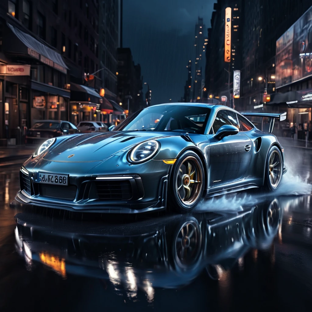 Realistic lighting, best quality, 8K,porsche911,Drifting motion blur, Cyber style, the background is a night view of New York , smokes, fire and raining