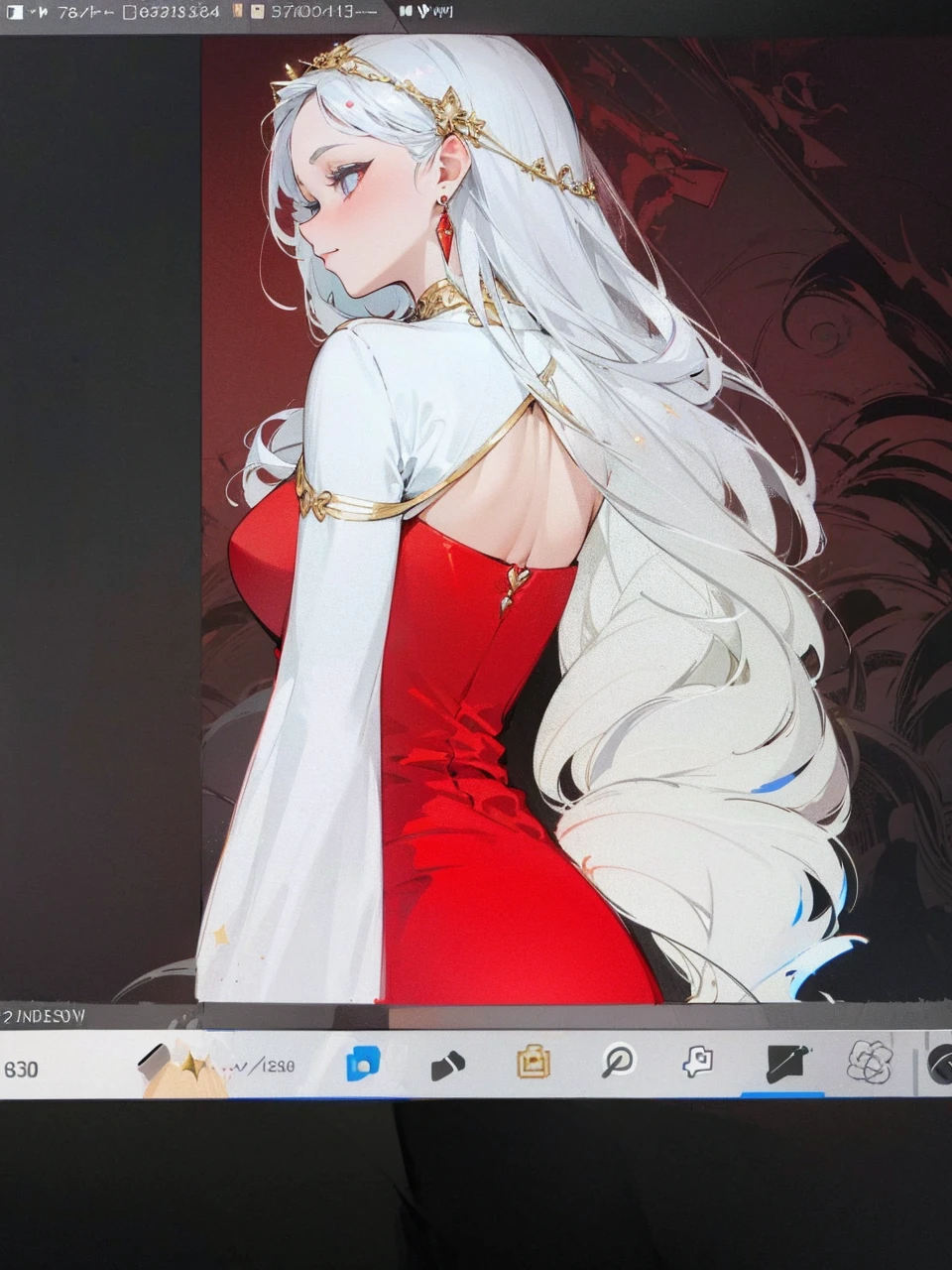 Add in roses to her dress, a good back dress design with some golden jewelry, make her dress into a red and white gown with a hat, give her some unique Jewelry, and make her look somewhat of a demonic angel like appearance to her