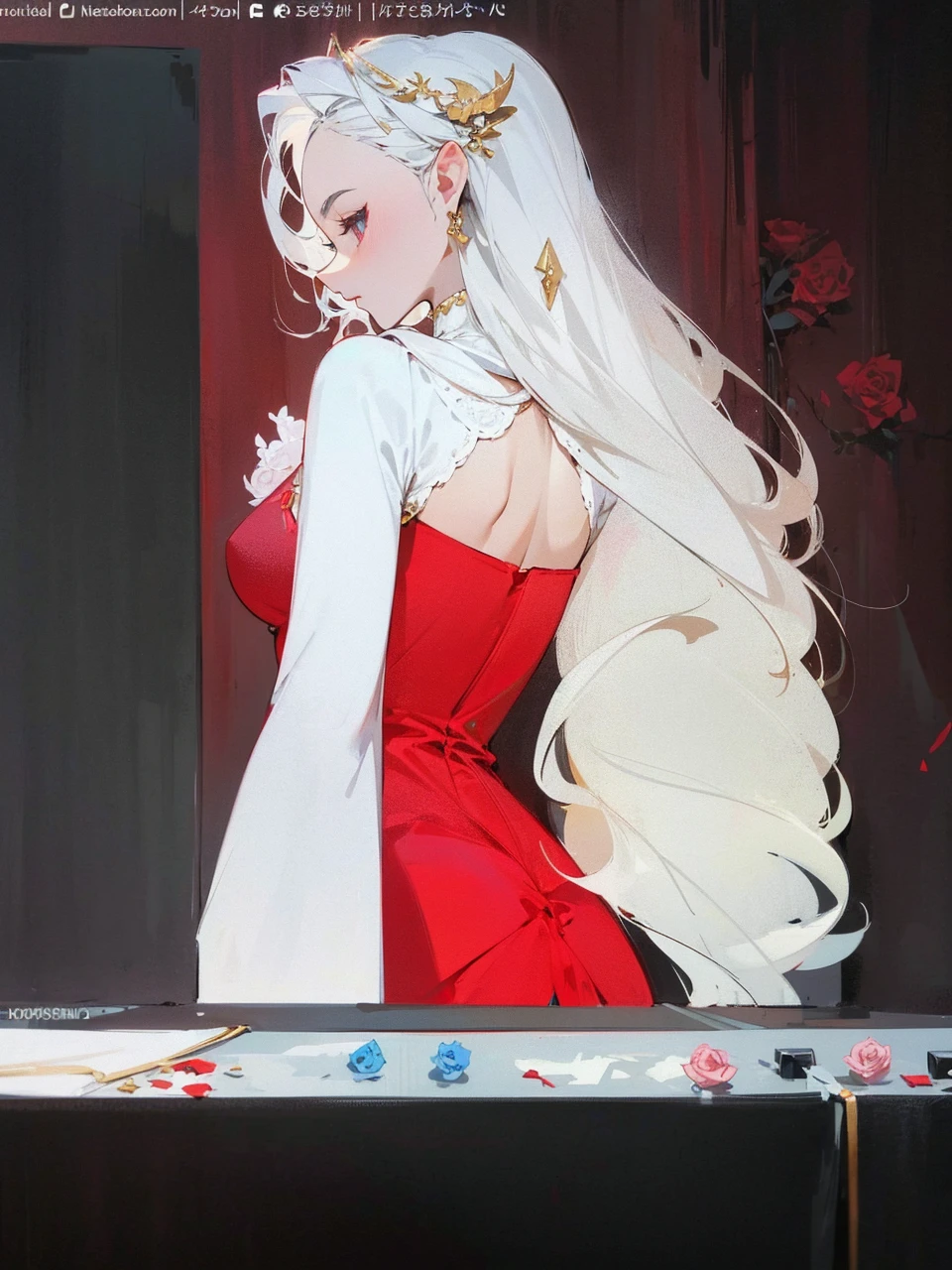 Add in roses to her dress, a good back dress design with some golden jewelry, make her dress into a red and white gown with a hat, give her some unique Jewelry, and make her look somewhat of a demonic angel like appearance to her