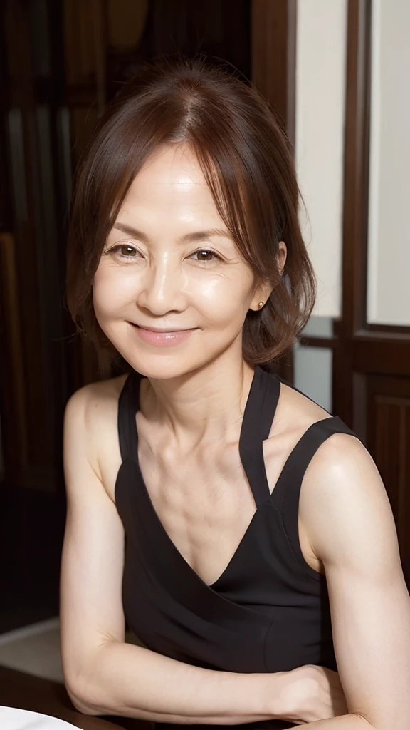 60 years old, (Mature woman: 1.2), (JMA), (KE), Captivating gaze, Green eyes, (Many wrinkles on face: 1.4), Fine wrinkles (8K, High resolution, Ultra high quality, Ultra realistic, Best quality: 1.2) (Small A cup breasts: 1.1), (Old Japanese woman), Eyes visible through hair, Gray hair in bob, Good eye position, Cinematic light, Soft light, Waist, Nighttime, Detailed color gradient background, Complex, Very detailed, 8K, Full silhouette, Posing gracefully in a high-end restaurant, Smiling gently with open lips, Gentle gaze looking straight into the camera,