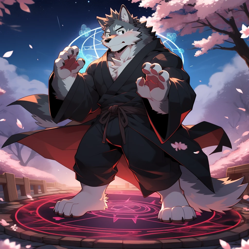 Scribble Wolf face,Cute face,Humanity(Wolf),(Black robe:1.3),Muscular,(Black eyebrows:1.1),(Perfect black eyes),(artist:Takemoto Arashi),(Bulging buttocks),(black sexy underwear),Cherry blossoms,Night Sky,Wolf尾巴,Furry Paws,(Magic Circle:1.2),cry。