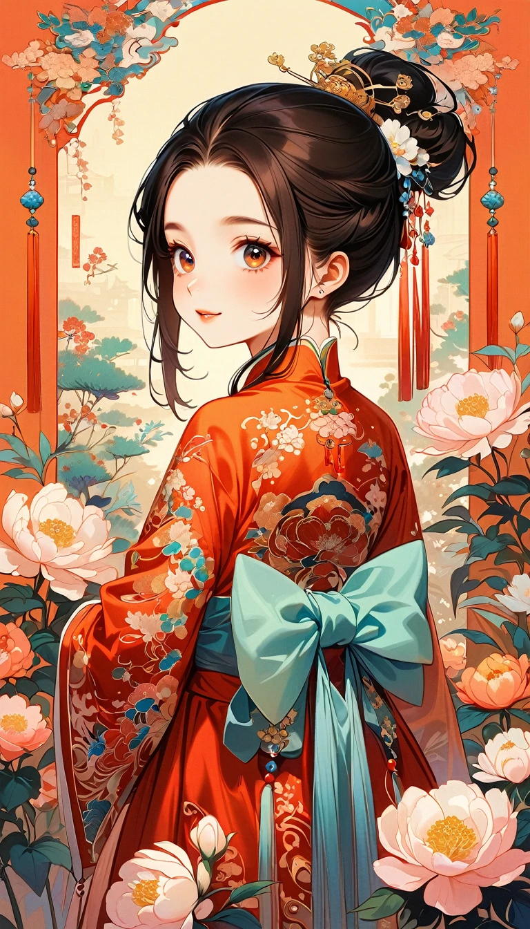 A beautiful young 5 years old little girl in traditional Chinese attire, sweet smile, from back, lively and kawaii pose, eyes look at the viewer, charming and attractive sexy pose, surrounded by a lush garden. gazing at it with gentle eyes. The woman's hair is styled in an elaborate updo adorned with flowers and traditional ornaments. Her dress is elegant, pink and white color tone, featuring fine silk with floral embroidery. The garden is in full bloom, with peonies and other flowers providing a backdrop. The scene captures the serenity and beauty of classical Chinese art, with a touch of nature harmony, (((Ultra-high saturation, high natural saturation, extremely bright colors)))
