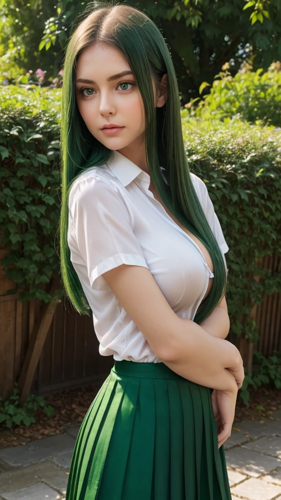 a girl.  face sent feeling.  Europe.  Oval face.  long face.  delicate facial features.  sad eyes.  seductively seductive.  green eyes.  long straight hair.  green hair like.  normal expression.  big breasts.  big body.  discreet shirt.  Pleated silk skirt.  hug the green cat.  straight face.  Elegant standing posture.  outdoor