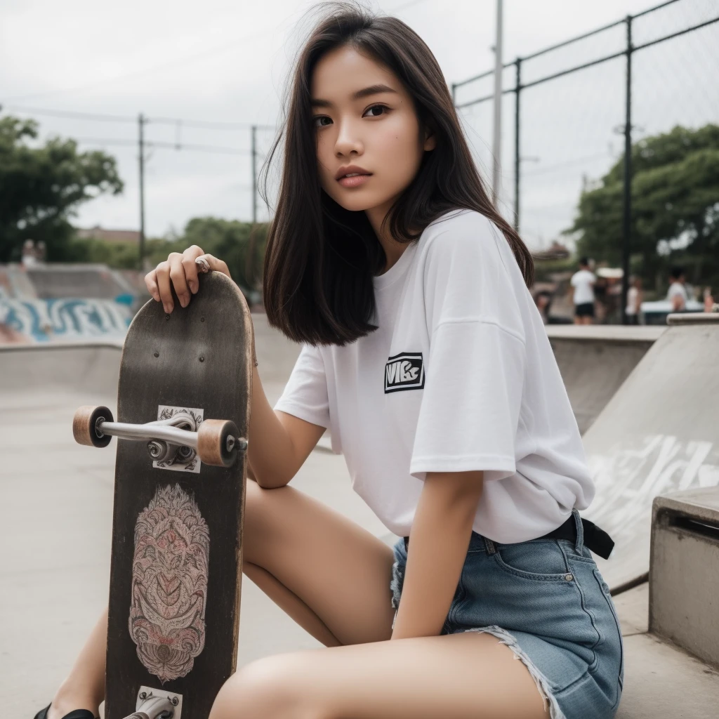 A beautiful Indonesian woman aged 20 years, full body, is fashionable skateboarding, dressed casually, wearing Vans shoes, at the skateboard park, at noon, Background, very detailed 8k
